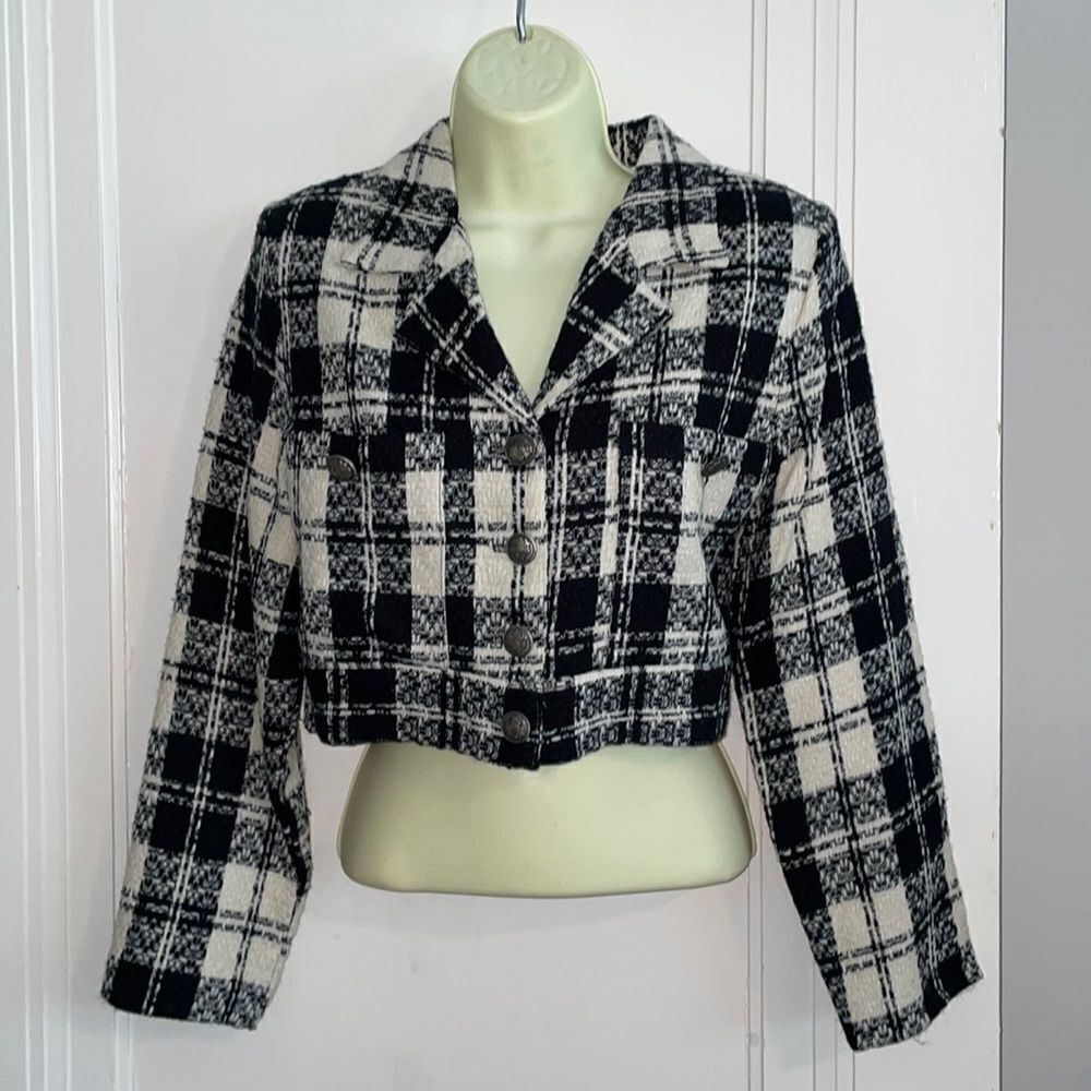 Vtg 80s Monkey Wear Brand Black  White Plaid Cropped Jacket